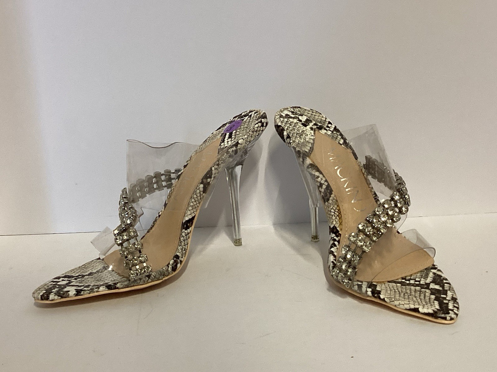 MACKIN J Clear Rhinestone Transparent Strap High Stiletto Heels Sandals Sz8-Prom