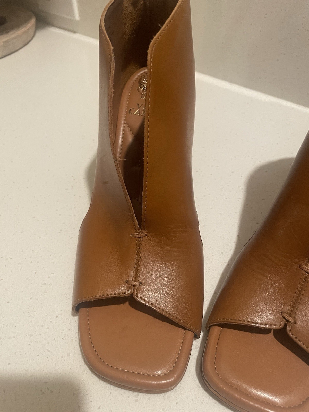 Vince Camuto Brown Leather Open Toe Square Toe Cone Heel Booties Zip Accent