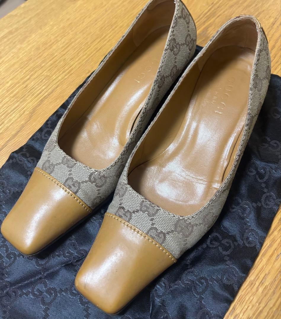 GUCCI Pumps 23cm Beige GG Canvas Leather Square Toe High Heels