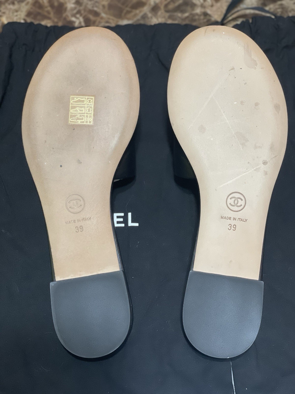 Chanel Black Lambskin Beaded CC Logo Mules / Slides – Size 39, Dust Bag