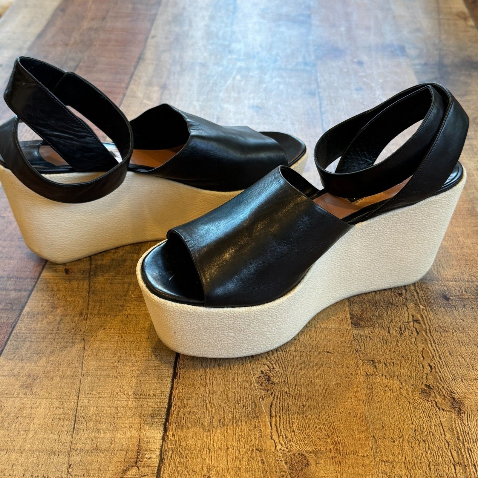 Derek Lam Fabian Platform Sandals Black Leather Size 10 White Soles