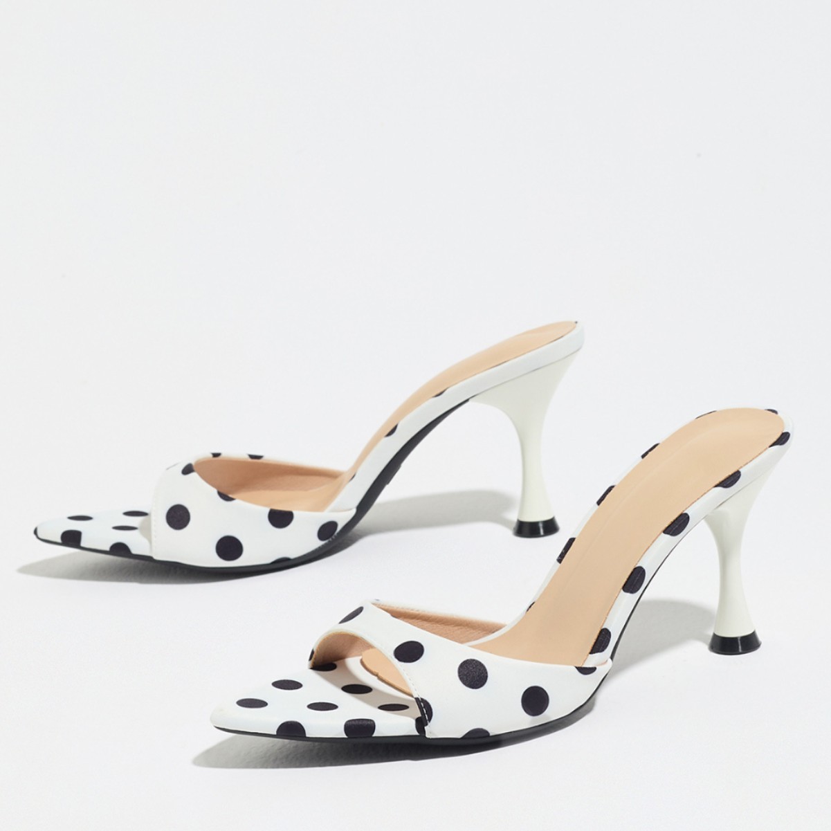 Women Sexy Leather Mid Heels Pointy Open Toe Polka Dot Sandals Shoes Slipper New