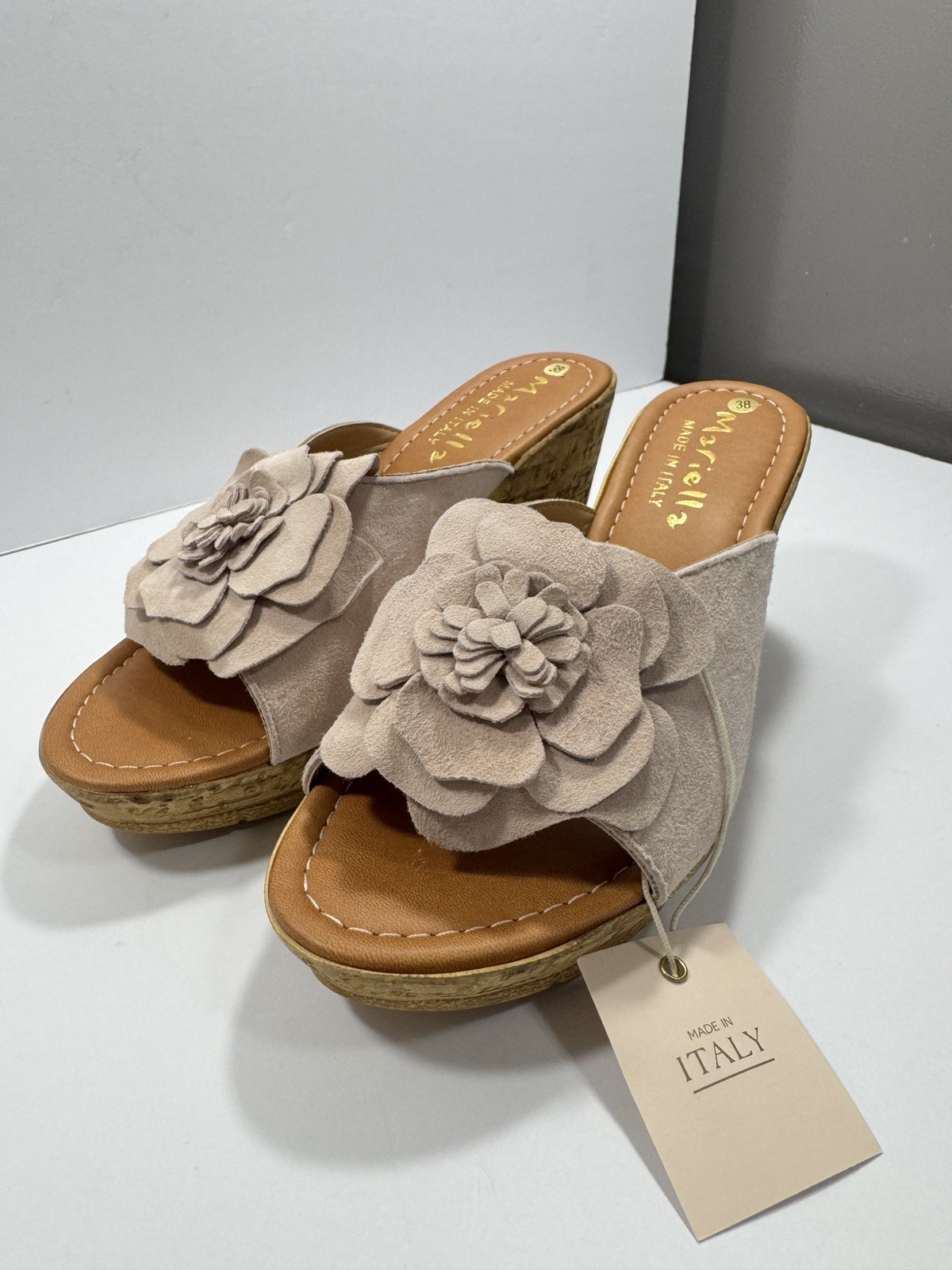 Mariella Mauve Suede Flower Shape 3 in Wedge Slides Womens Size 7.5 Italy