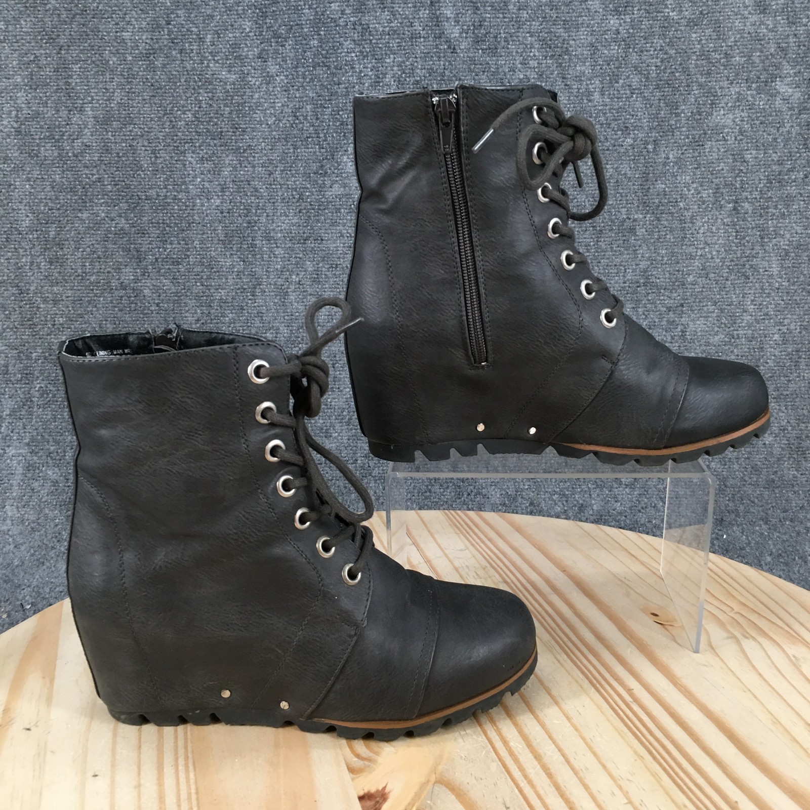 UNIONBAY Boots Womens 8 M Lace Up Zip Hidden Wedge Ankle Boot Black Faux Leather
