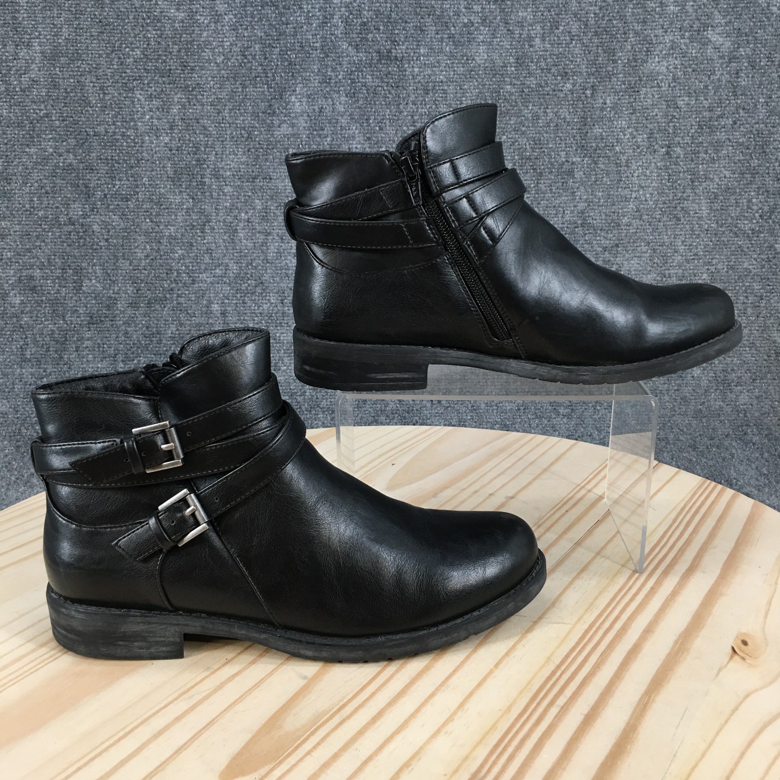 Yuu Boots Womens 8.5 M Calissa Side Zip Buckle Ankle Bootie Black Faux Leather