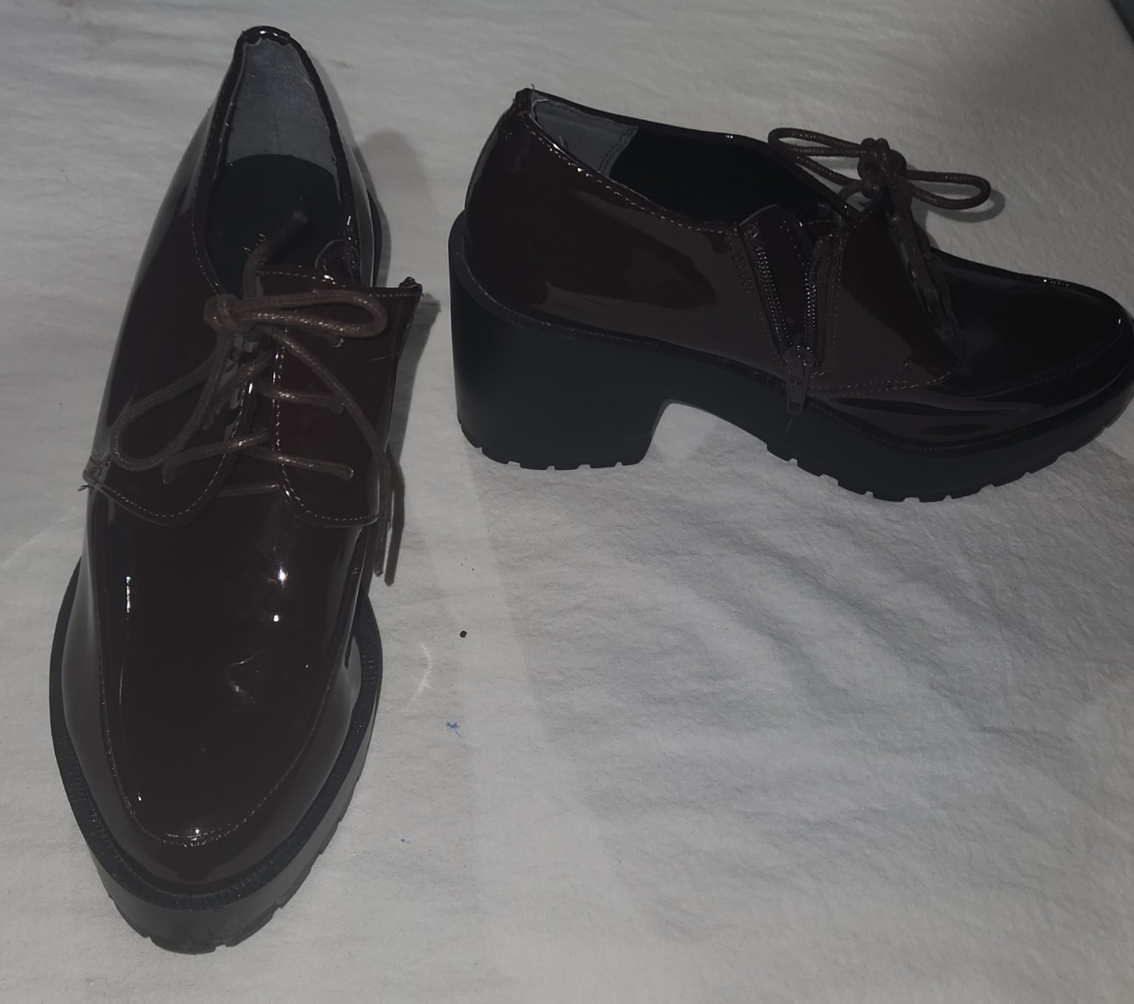 Women’s Brown Patent Look Lace-Up Dress Shoes W/ Side Zip Size 7