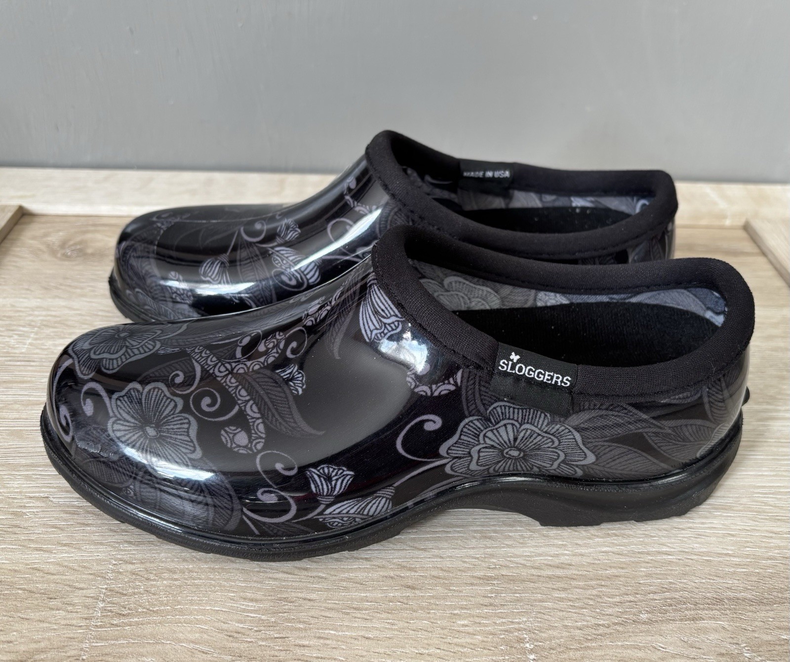 Women’s 6 Sloggers Black Boho Floral Slip On Clog Garden Rain Farm