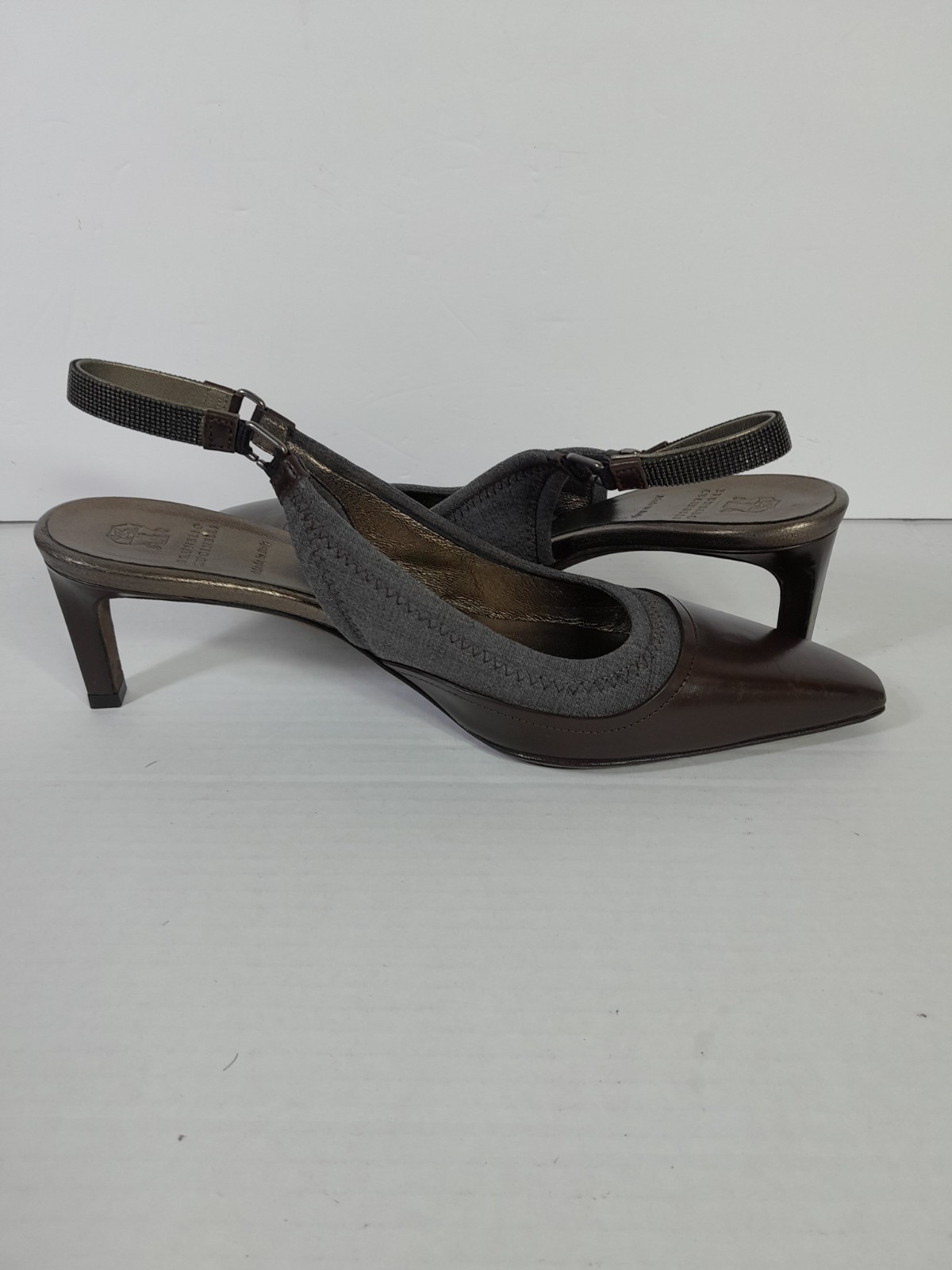 Brunello CucinelliLeather Beaded Accent Slingback Heel Women 10 (40) Brown Gray