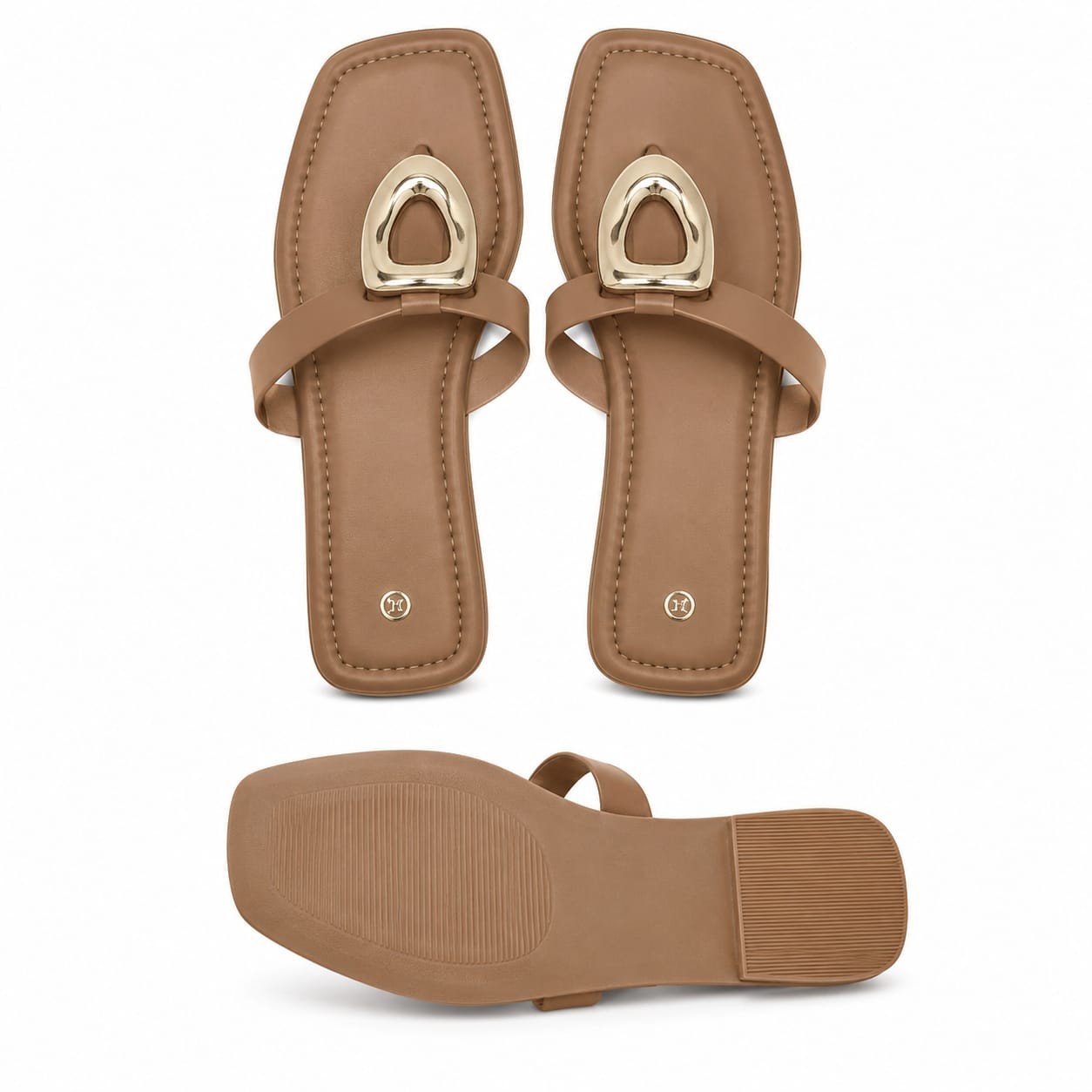 Women’s Brown Thong Slide Sandals Slip-On Flat Buckle Accent Polyurethane 7 ,8,