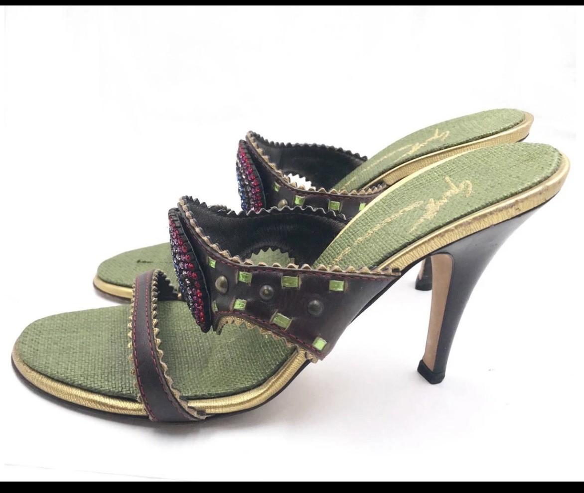 Giuseppe Zanotti Crystal Green Brown Multi Color Sandals Heels 8