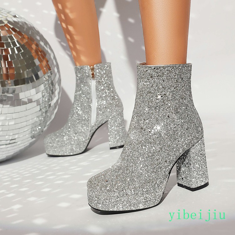 Womens Ankle Boots Glitter Sequins High Top Block Heel Performance Shoes Fashion