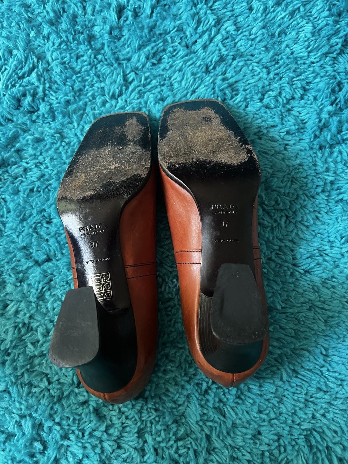 PRADA Brown Leather Square Toe Buckle Strap Block Heel Pumps EU 37