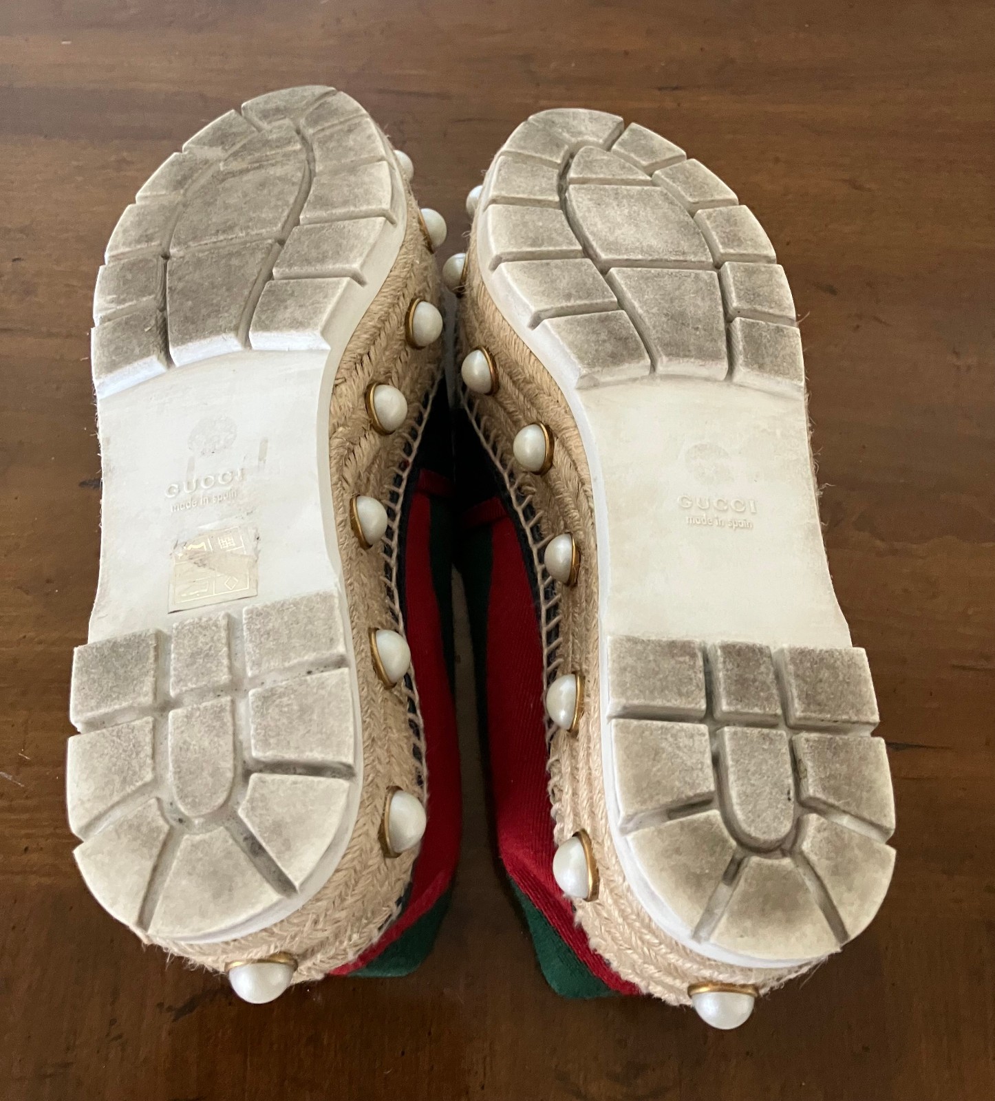 Gucci Pearl Studded Espadrille Flats Blue/Green/Red SZ 38 1/2 Slightly Worn