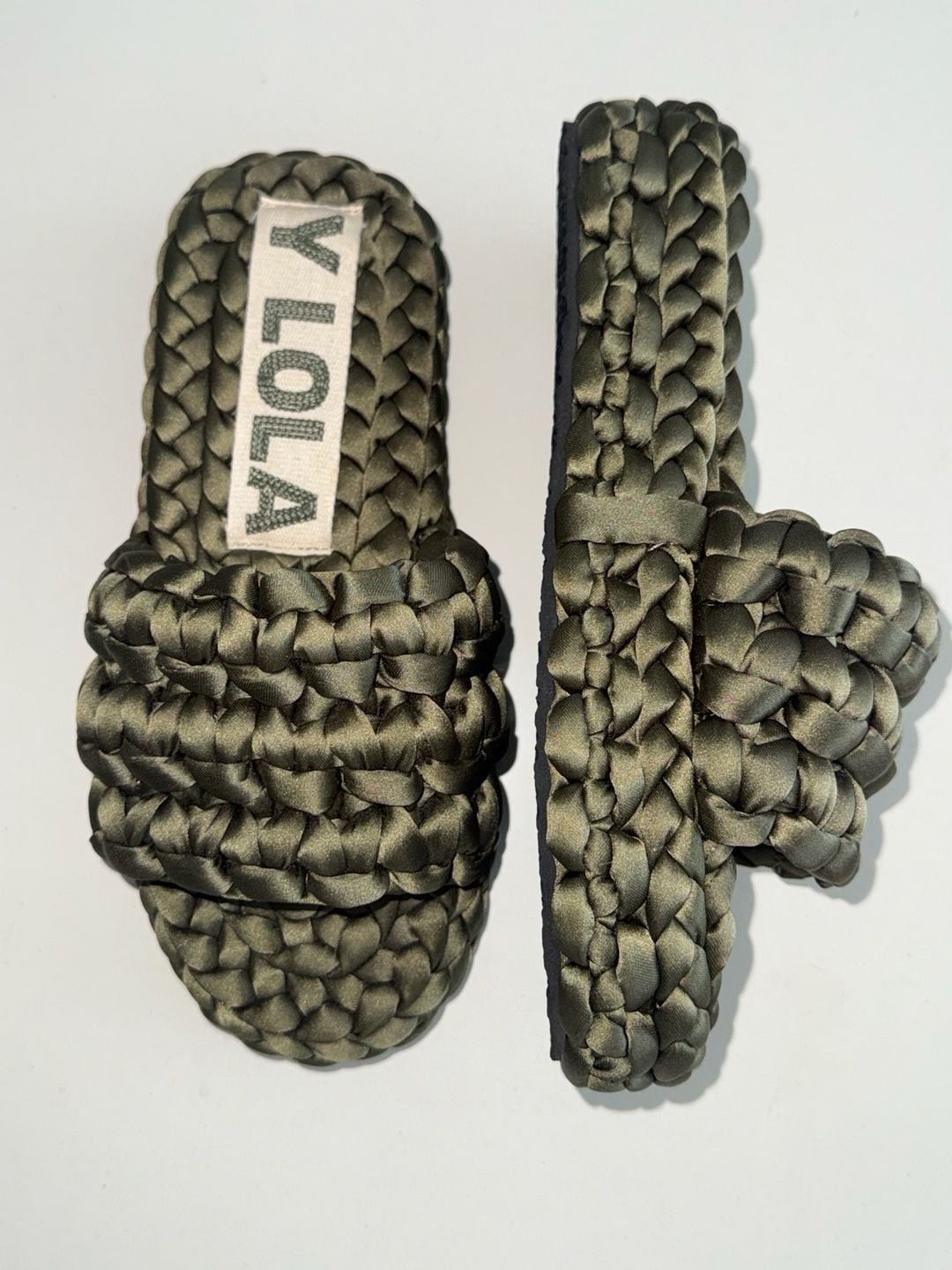 Bimba Y Lola Olive Green Braided Satin Slide Sandals Sz 37 (6.5 – 7 US)