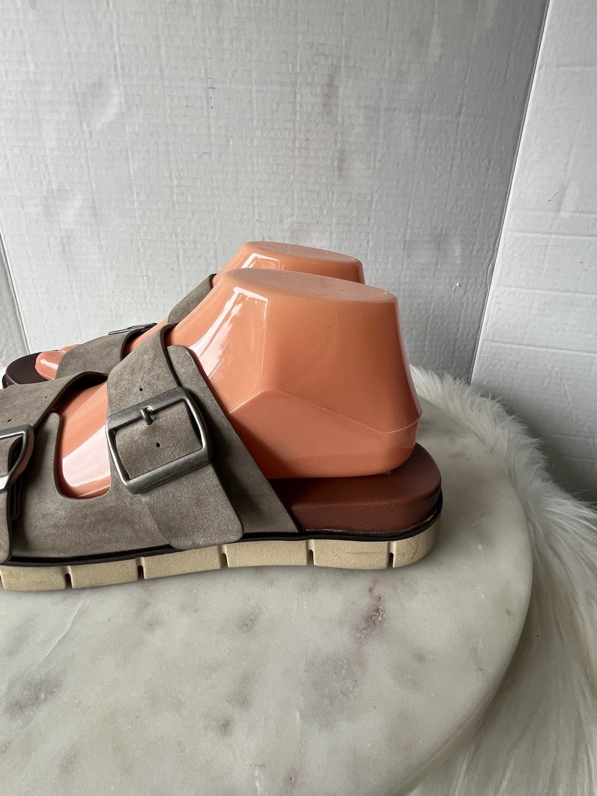 MIA Leila Women’s Size 8.5 Beige Brown Slide Sandals Double Straps and Buckle