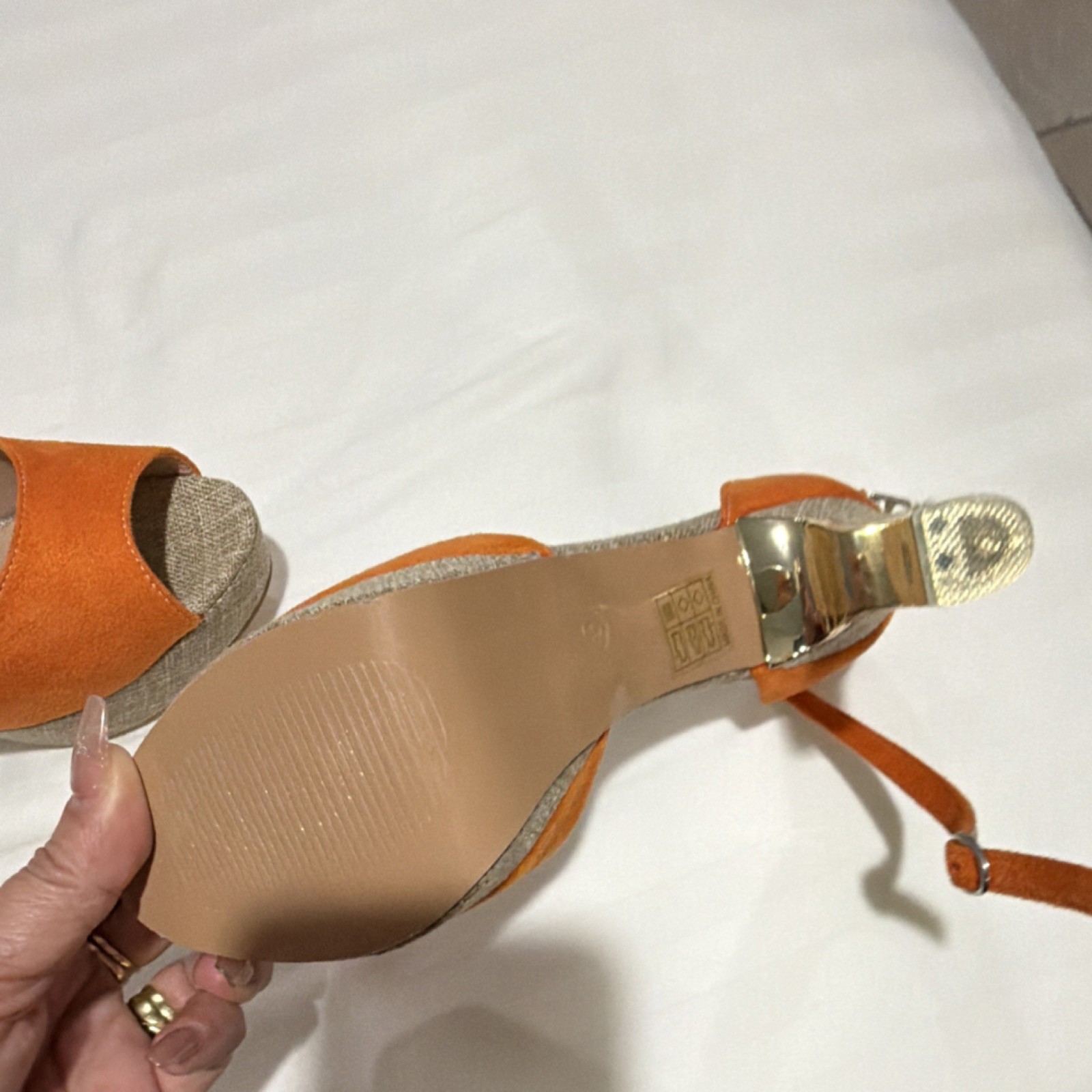 Orange Beige Gold Suede Platform Block Heel Peep Toe Ankle Strap Women’s Shoes