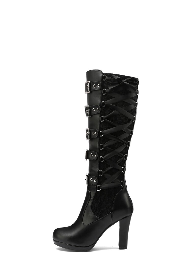 Women’s High Heel Zip Lace Faux Leather Knee High Long Boots Punk Riding Shoes