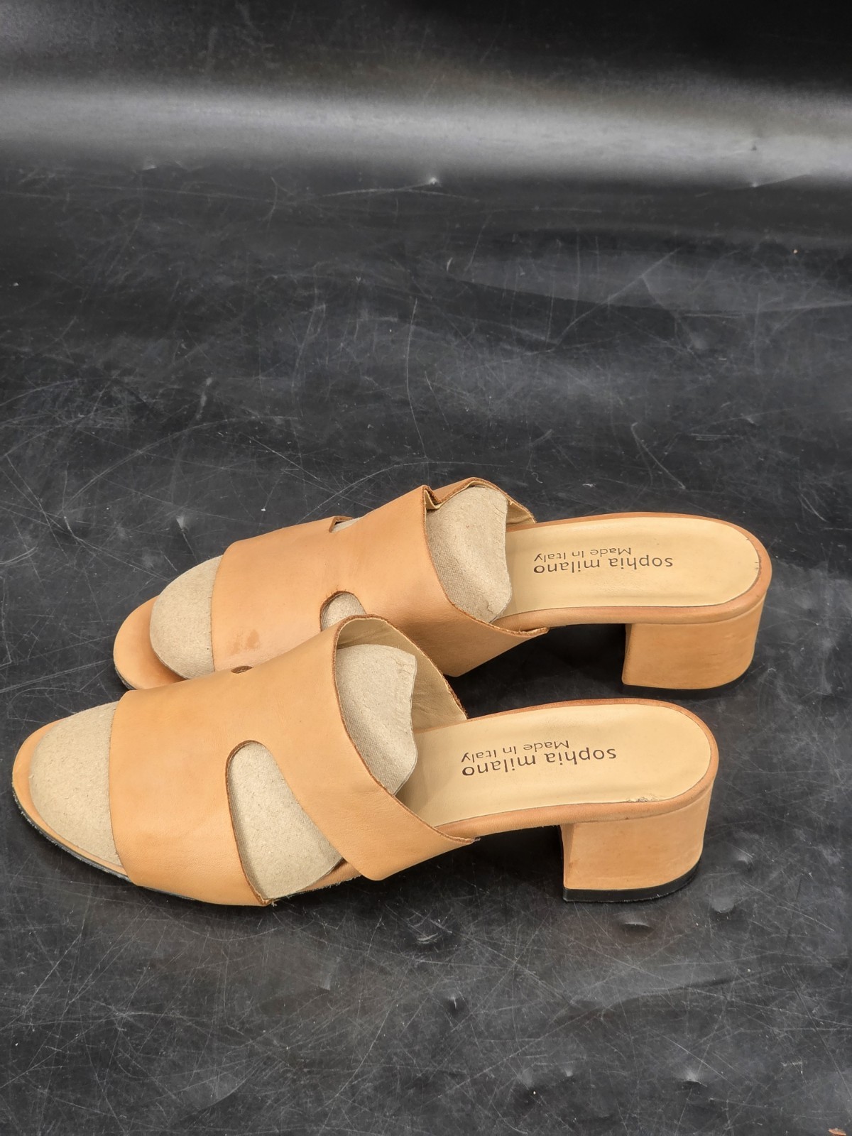 Sophia Milano Tan Leather Open Toe Block Heel Sandal 6.5 Made In Italy
