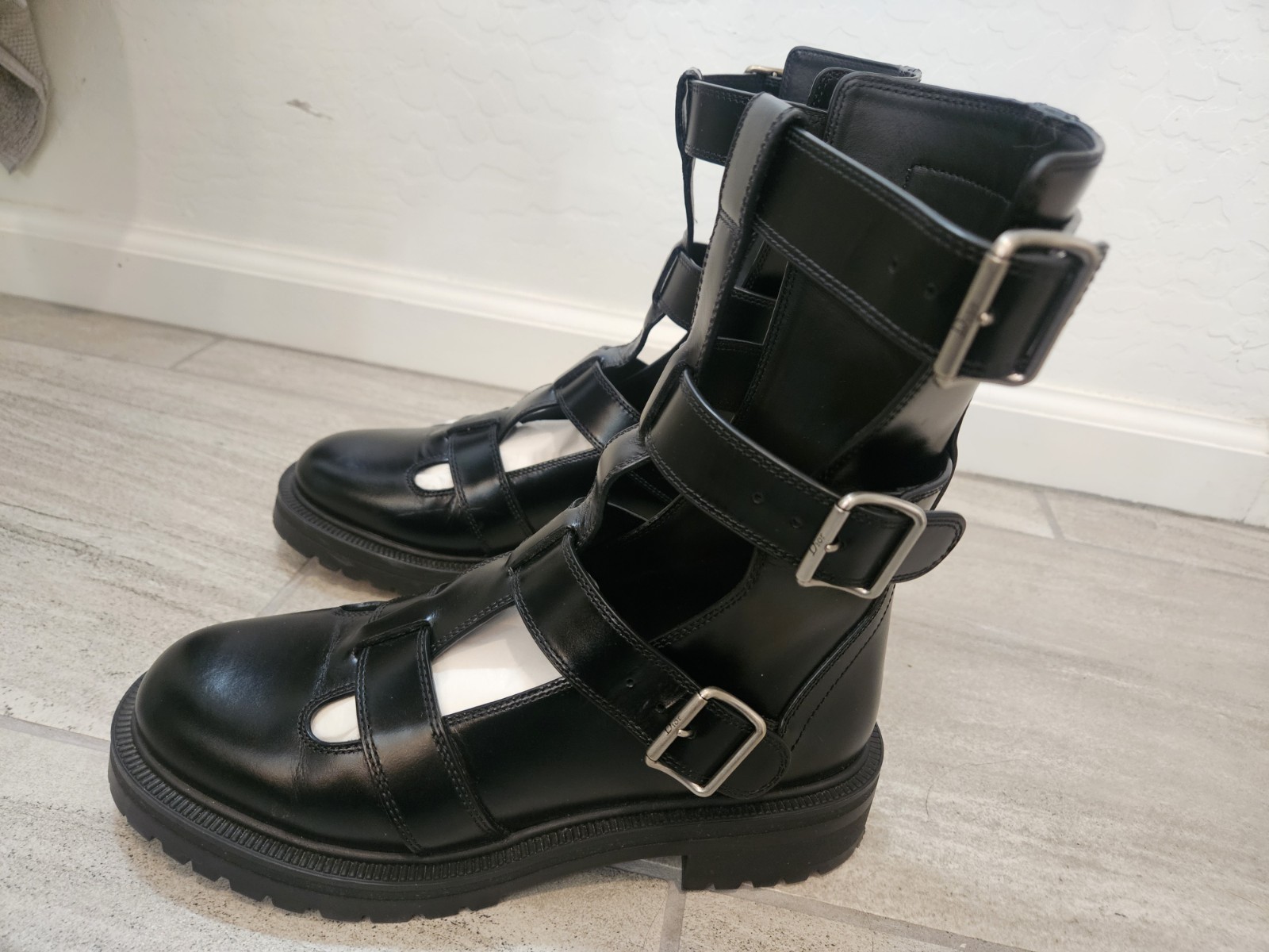Christian Dior Black Leather Mid-Calf Biker Boots Buckle Straps US 8 EU 38