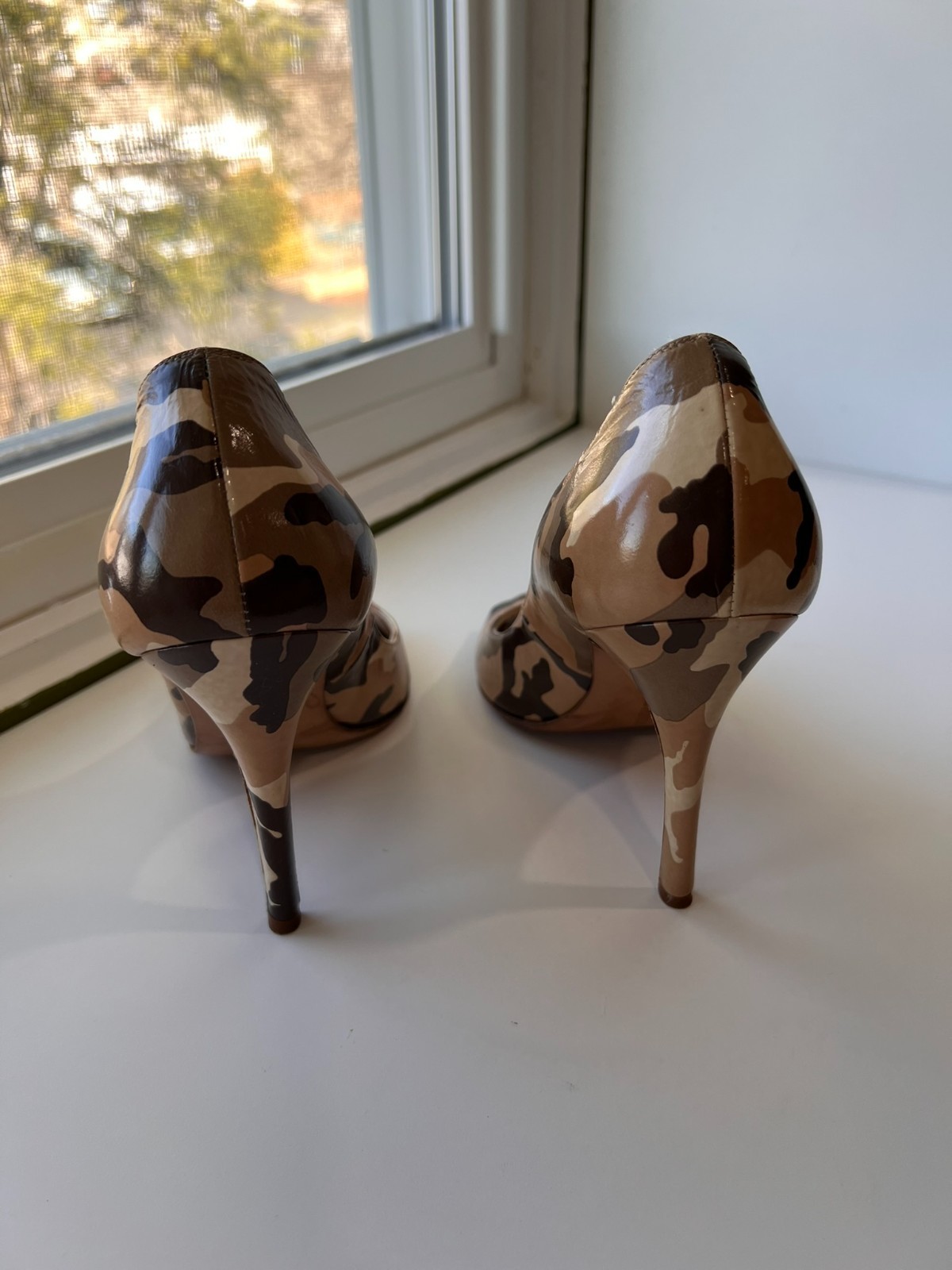 Luciano Padovan Beige, Brown, Cream Camouflage Leather Peep Toe Italian Heels 37