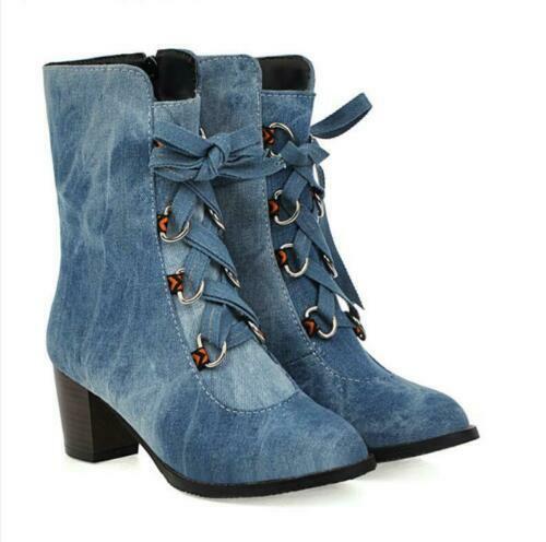 Womens Round Toe Lace Up Denim Ankle Boots Zip Block Mid Heels Oversize Vintage