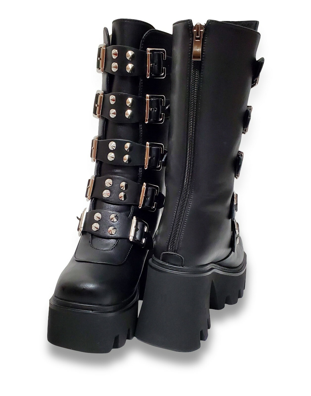 Women Black Gothic Platform Boots Vegan Combat Chunky Punk Studded Metal Buckle