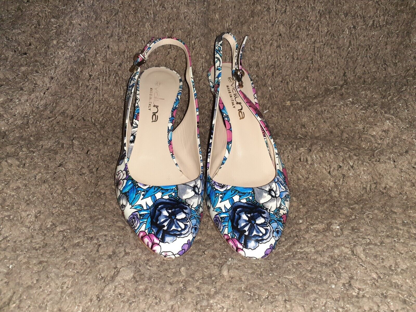 EVALUNA -Floral Print Patent Leather Slingbacks-Buckle Fasten-Sz 36-Excellent