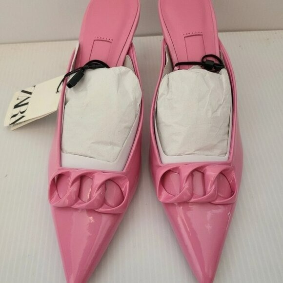 zara CHAIN DETAIL HEELED MULES shoes Size 6.5 24.0 cm US pink patent 1263/910/0