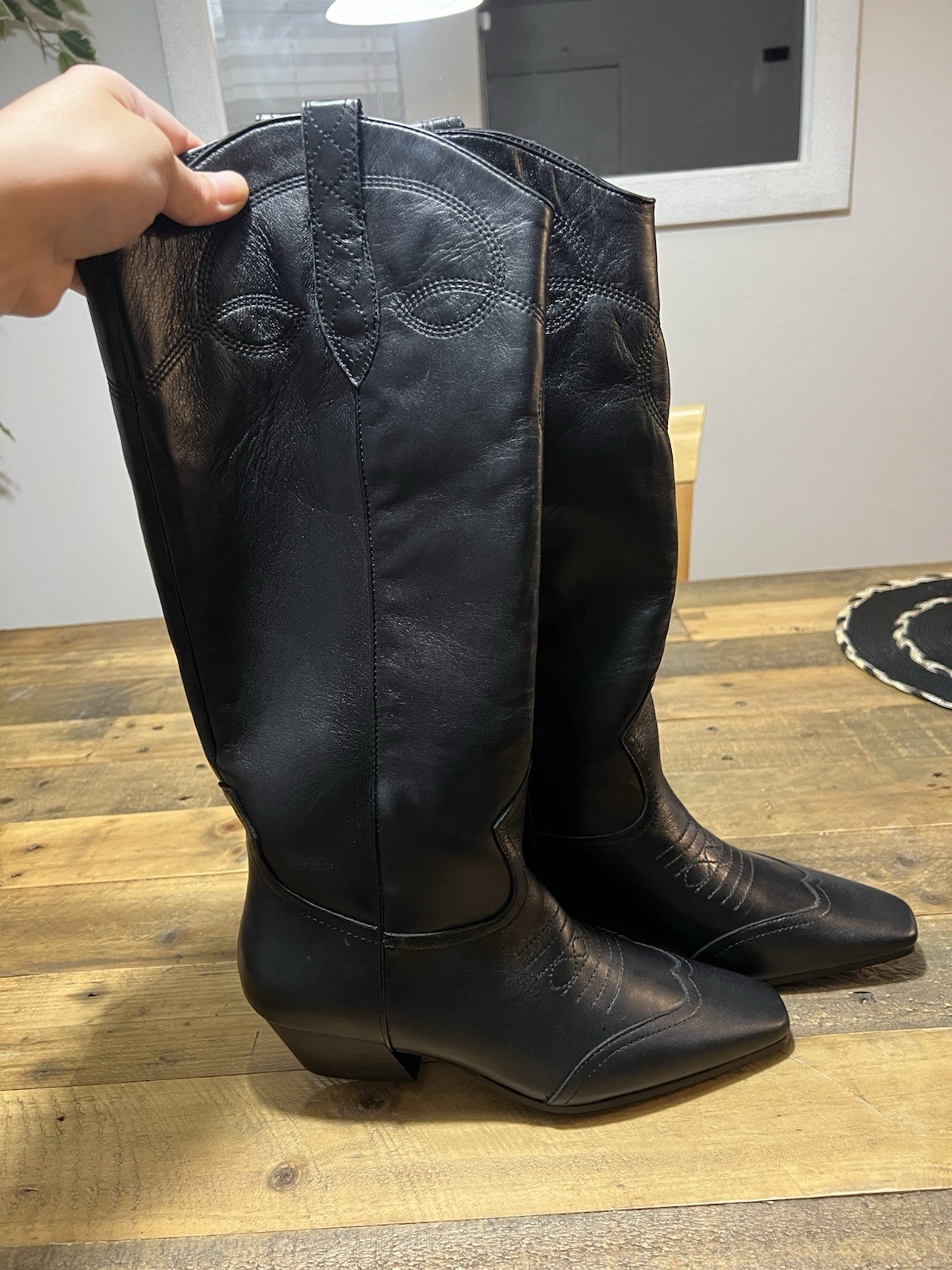 Steve Madden Dollie Black Leather Embroidered Western Pull-On Knee Boots 8.5M