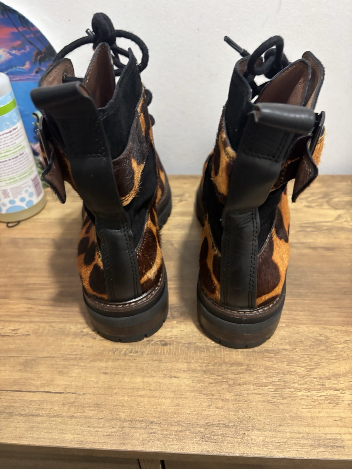 Louise et Cie Leopard Print Leather Combat Ankle Boots Lace-Up Lug Sole US 9
