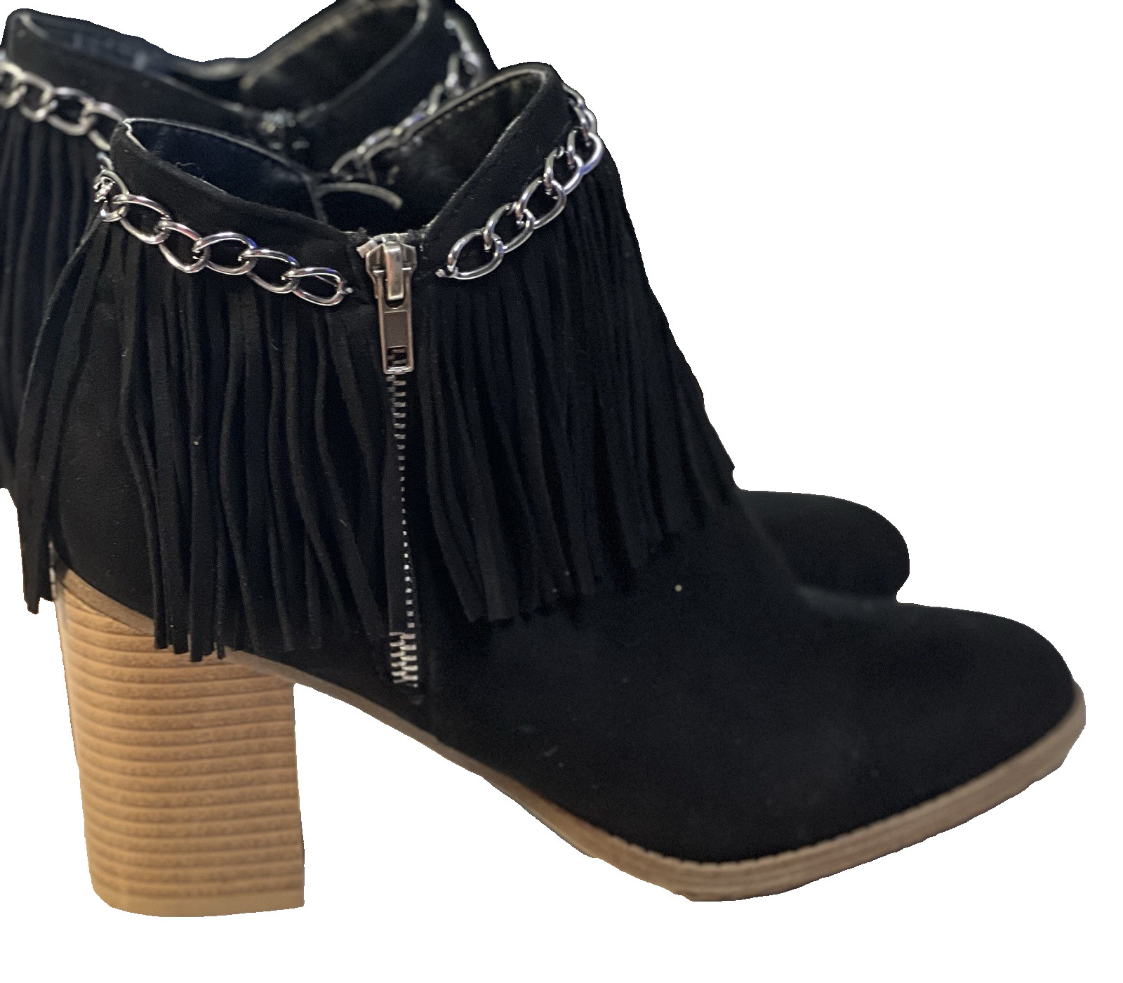 Mata Booties Fringe Women’s Size 10 Michelle 1 Black Chain 3″ Heel Side Zip Y2K