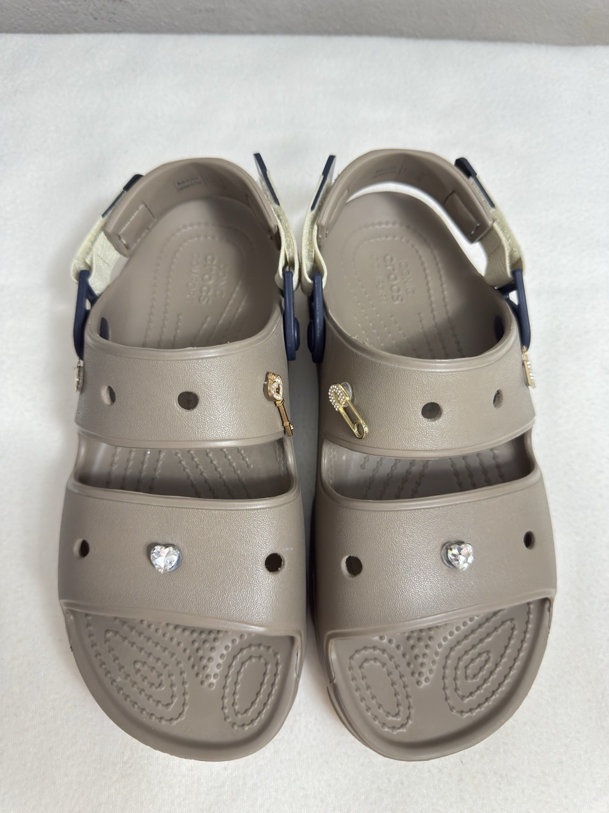 NWT Crocs All Terrain Sandal Taupe Beige Gold Jibbitz Charms Size W9 M7
