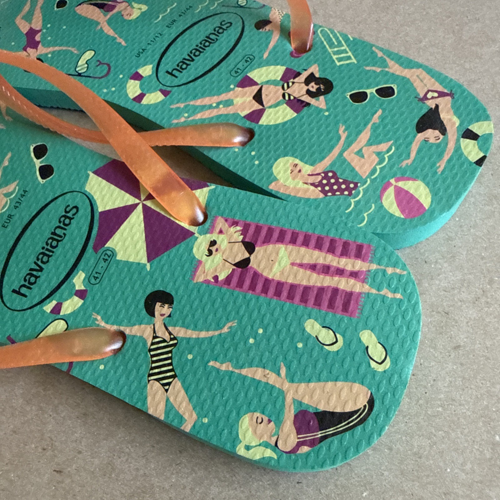 Havaianas Slim Green Pool Party Design with Orange Gel Straps 41/42 – New