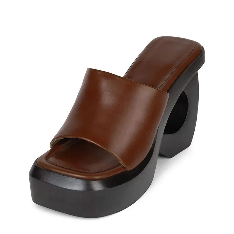 Brown Open Square Toe Cutout Wedge Heel Platform Slide Sandals FSJ202511089B-3