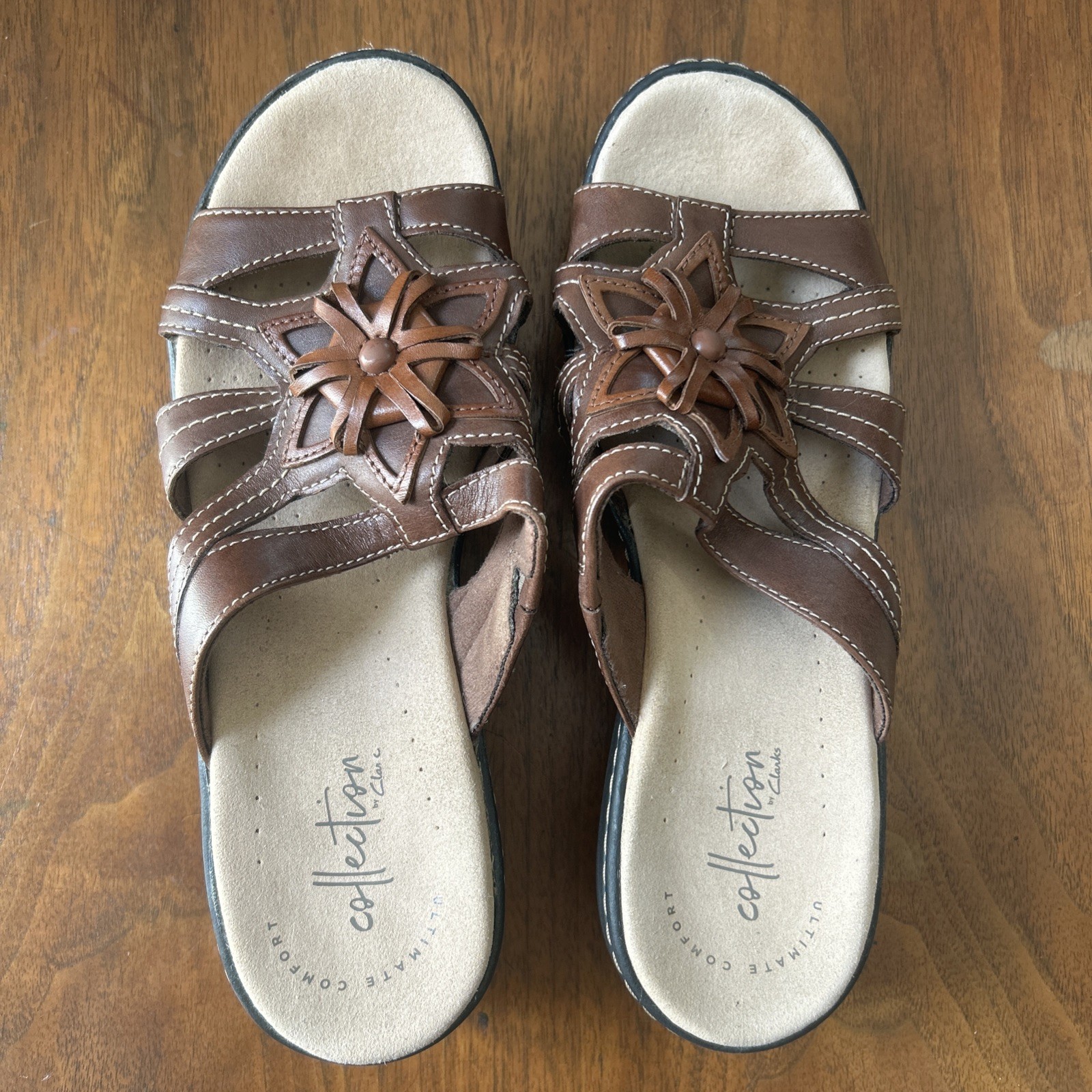CLARKS Women’s Delana Venna Slides Sandals Brown Leather Shoes 7M