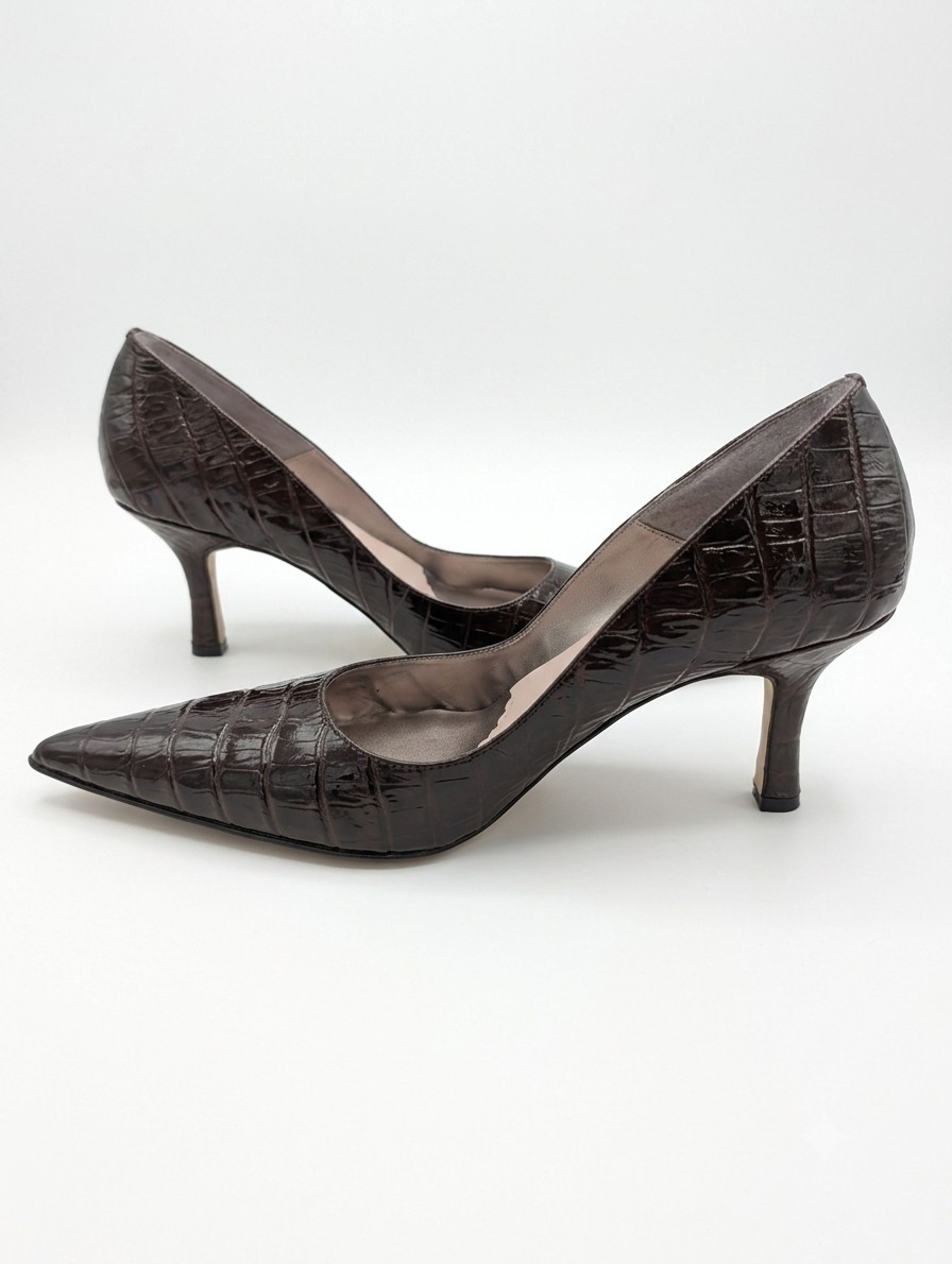 Y2K BP. Melrose Brown Croc Embossed Leather Pointed Toe Kitten Heels