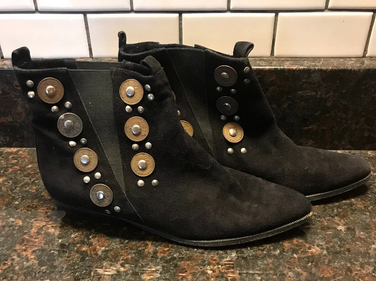 Donald J Pliner Black Suede Boots Women Sz 7N Coins Pointed Slip On