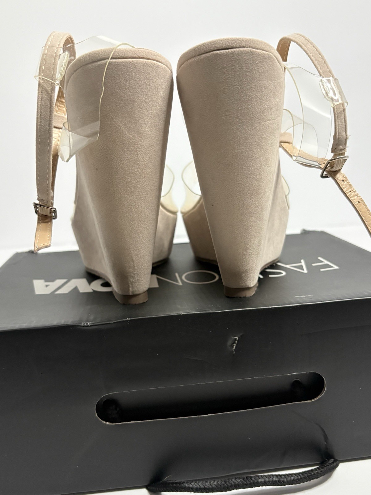Fashion Nova Nude Clear Strap Wedge Women’s Size 10 Platform Heel NEW w/ box