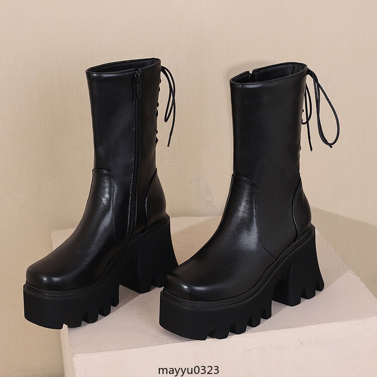 Womens Platform High Block Heel Zip Square Toe Casual Ankle Boots Shoes Biker