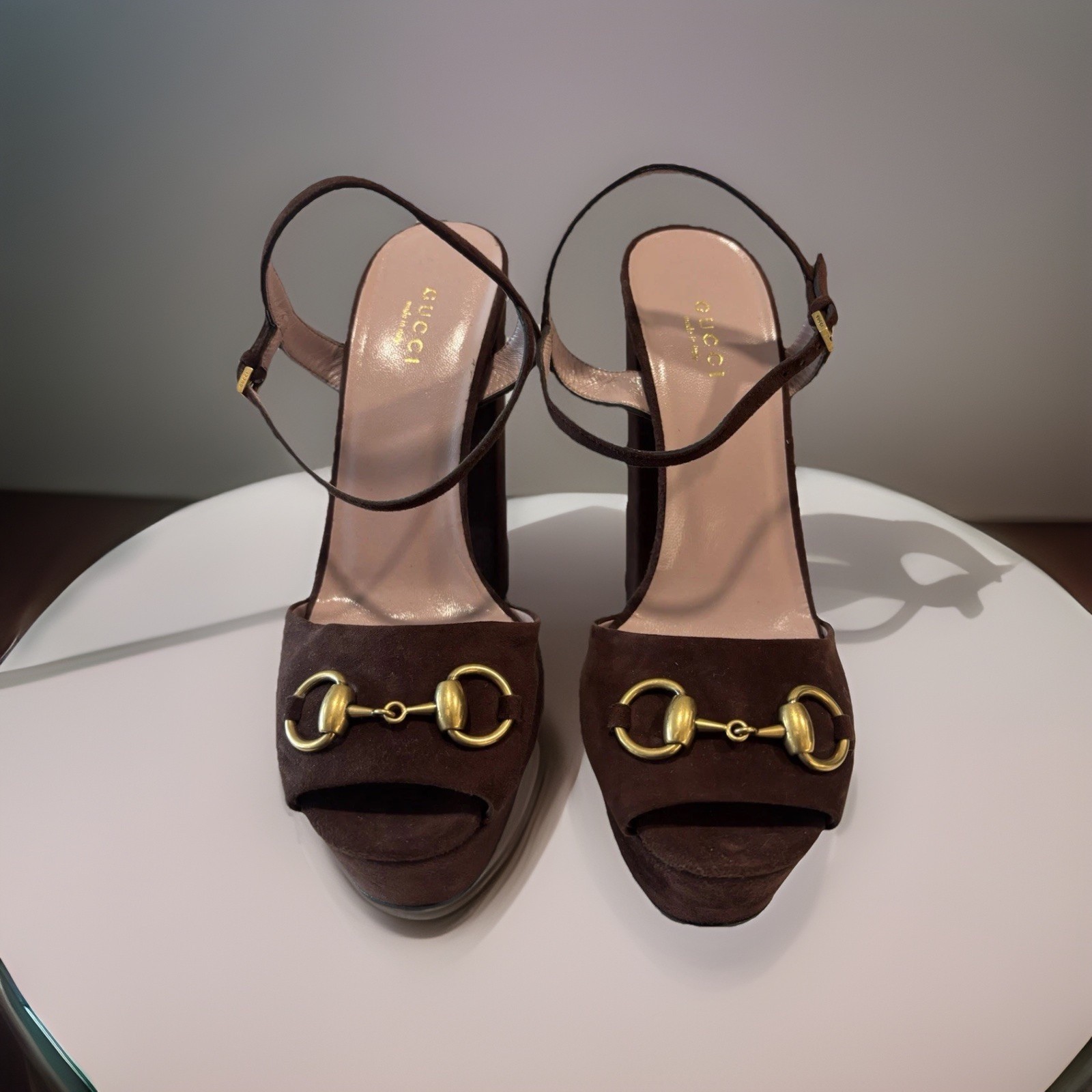 New Gucci Brown Suede Platform Ankle Strap Open Toe Block Heel Sz 8.5 $1240