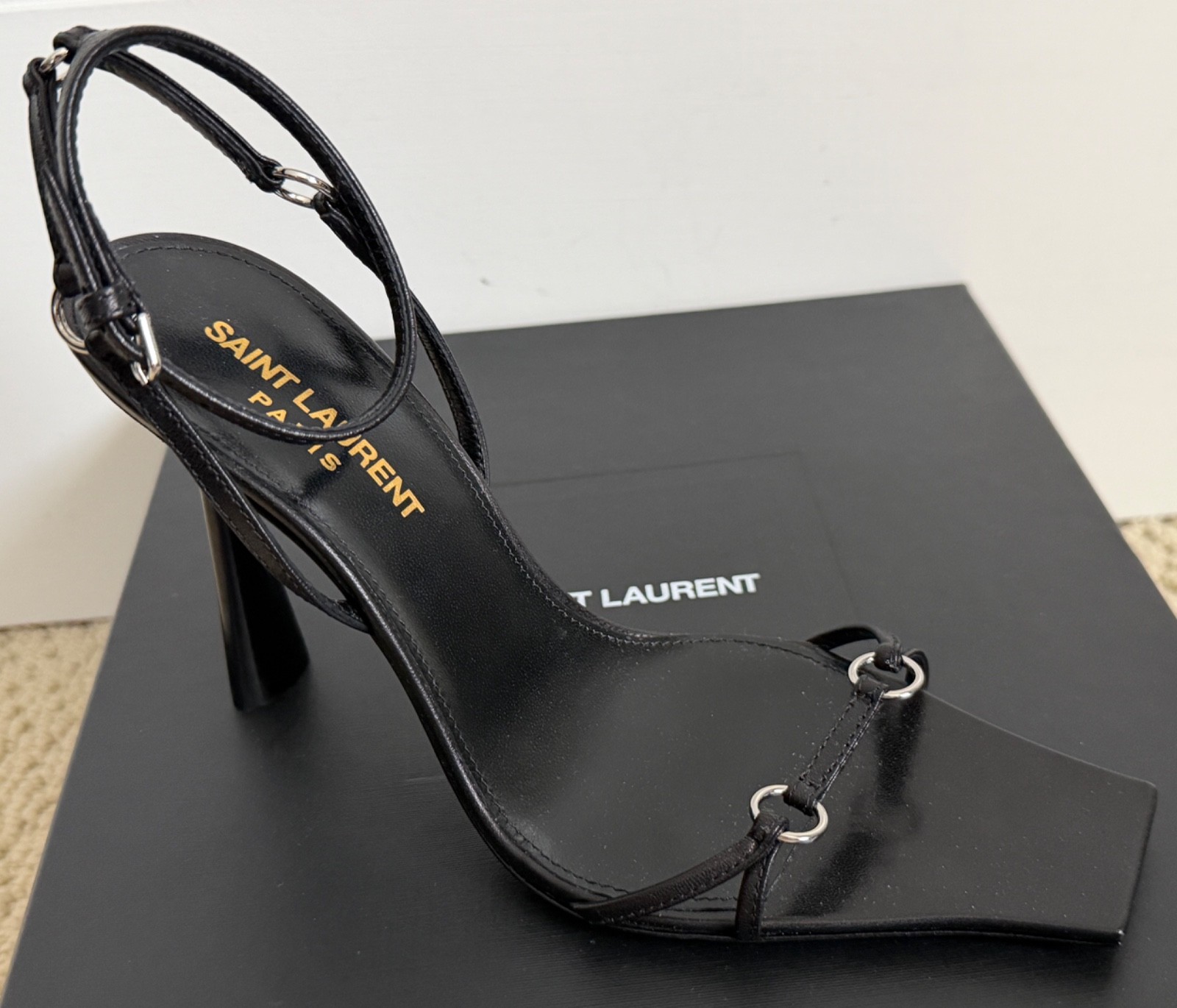 NIB Saint Laurent YSL Nova Black Leather Ring Strappy Sandals Pumps 36.5 $1495
