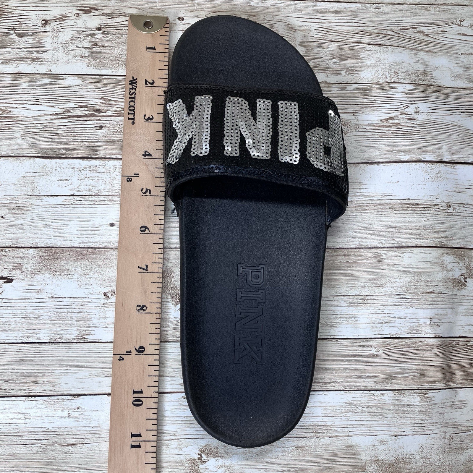 Victoria Secret Cushioned Black PINK Rhinestone Rubber Slides Womens XL