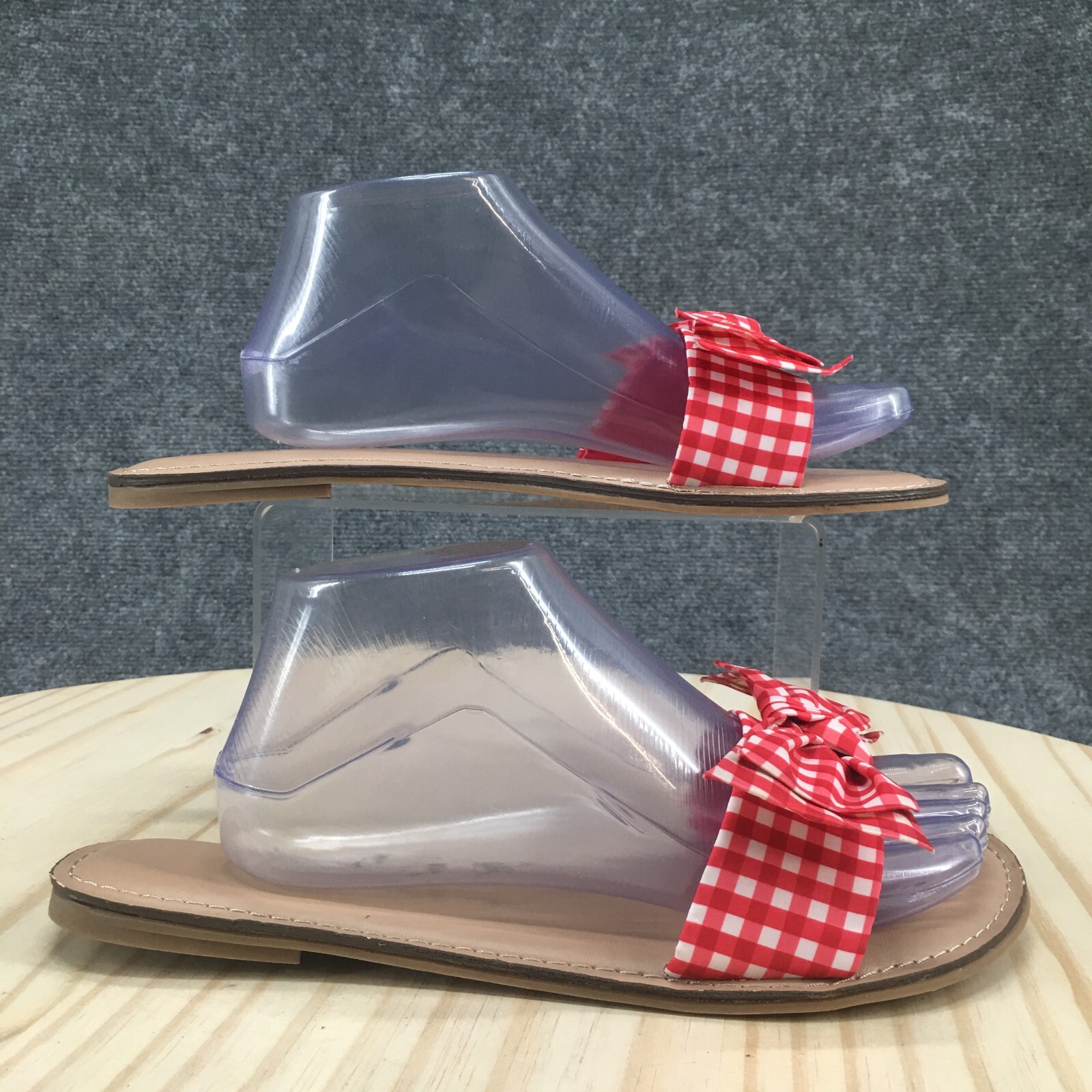 Time And Tru Sandals Womens 10 Bow Gingham Casual Slip On Slide Flats Red Fabric