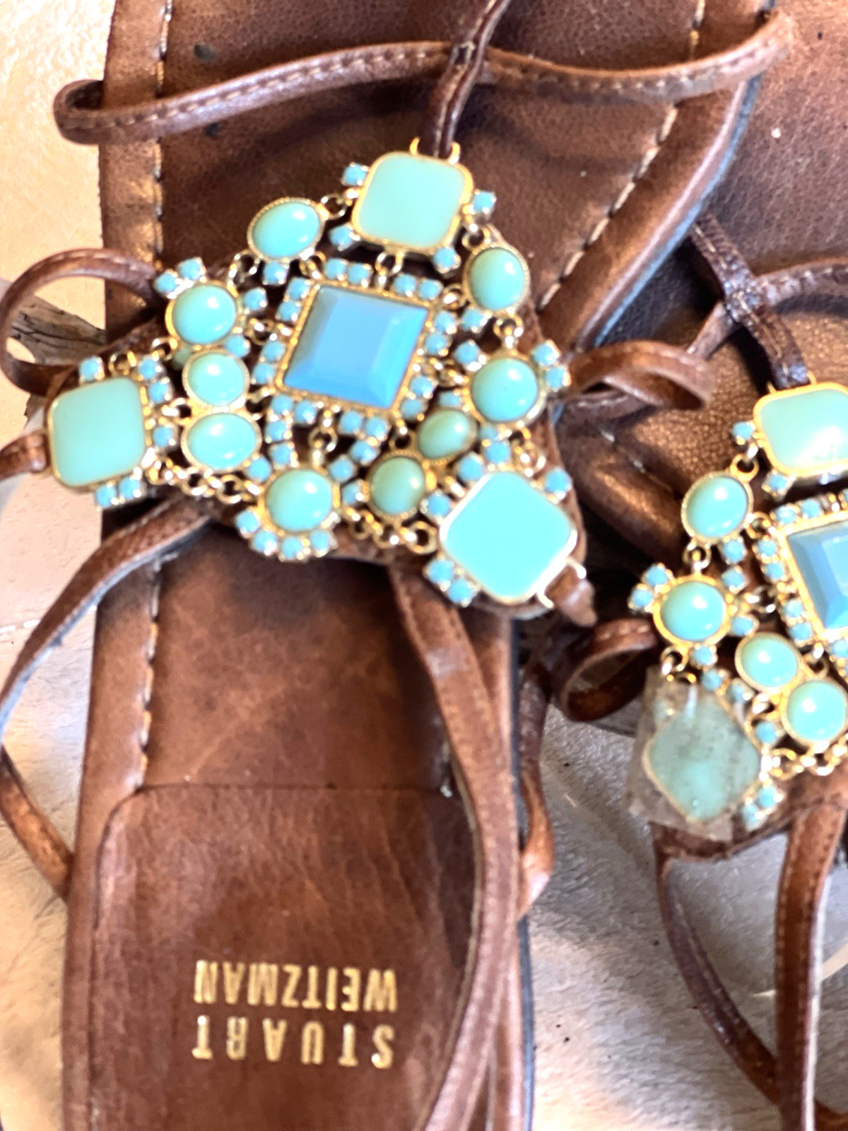 STUART WEITZMAN TURQUOISE JEWELED FLAT SANDALS 8.5 STRAPPY HIGH END DESIGNER