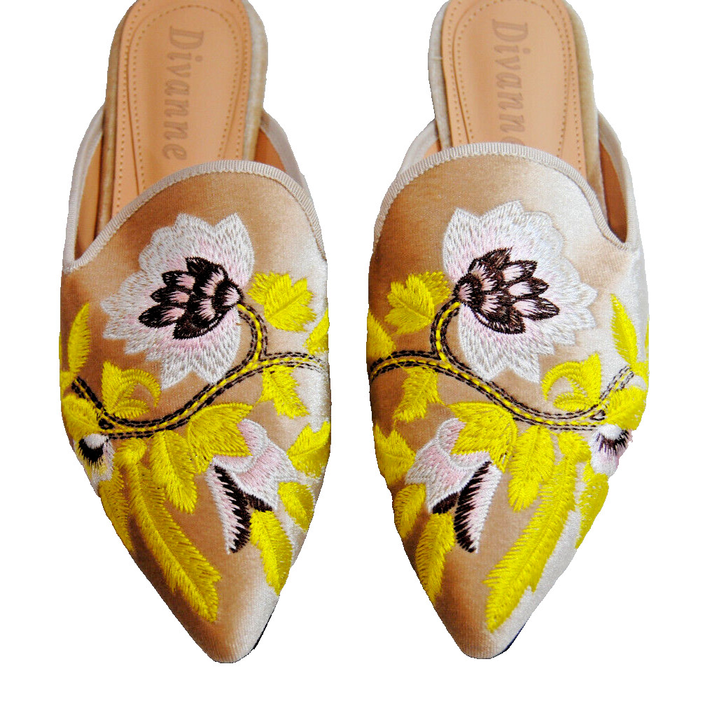 Divanne Womens Embroidery Velvet Loafer Mule Slip-On Pointed-Toe Shoes New T2361