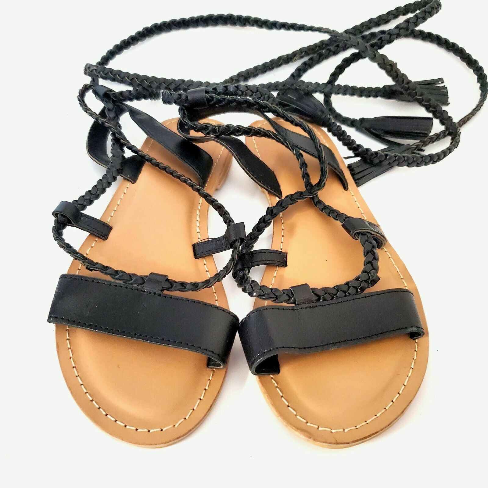 ASOS Black Braided Lace Up Gladiator Sandals Tassel Boho Strappy Flats Size 6