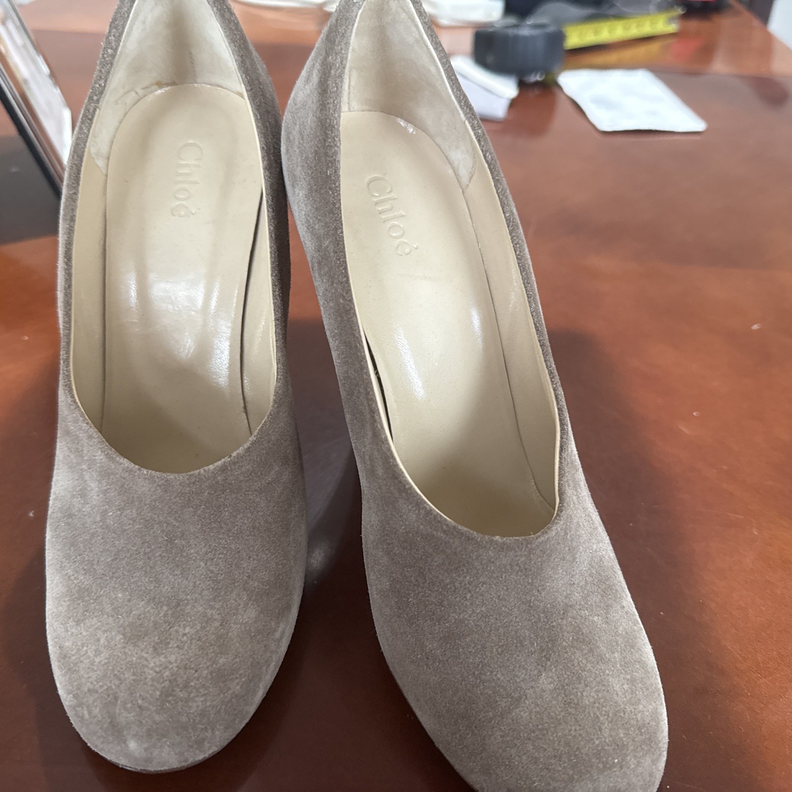 Chloe Leather Pump Heels Shoes Crosta Calf Lana Gray Beige Size 10 Made In Italy