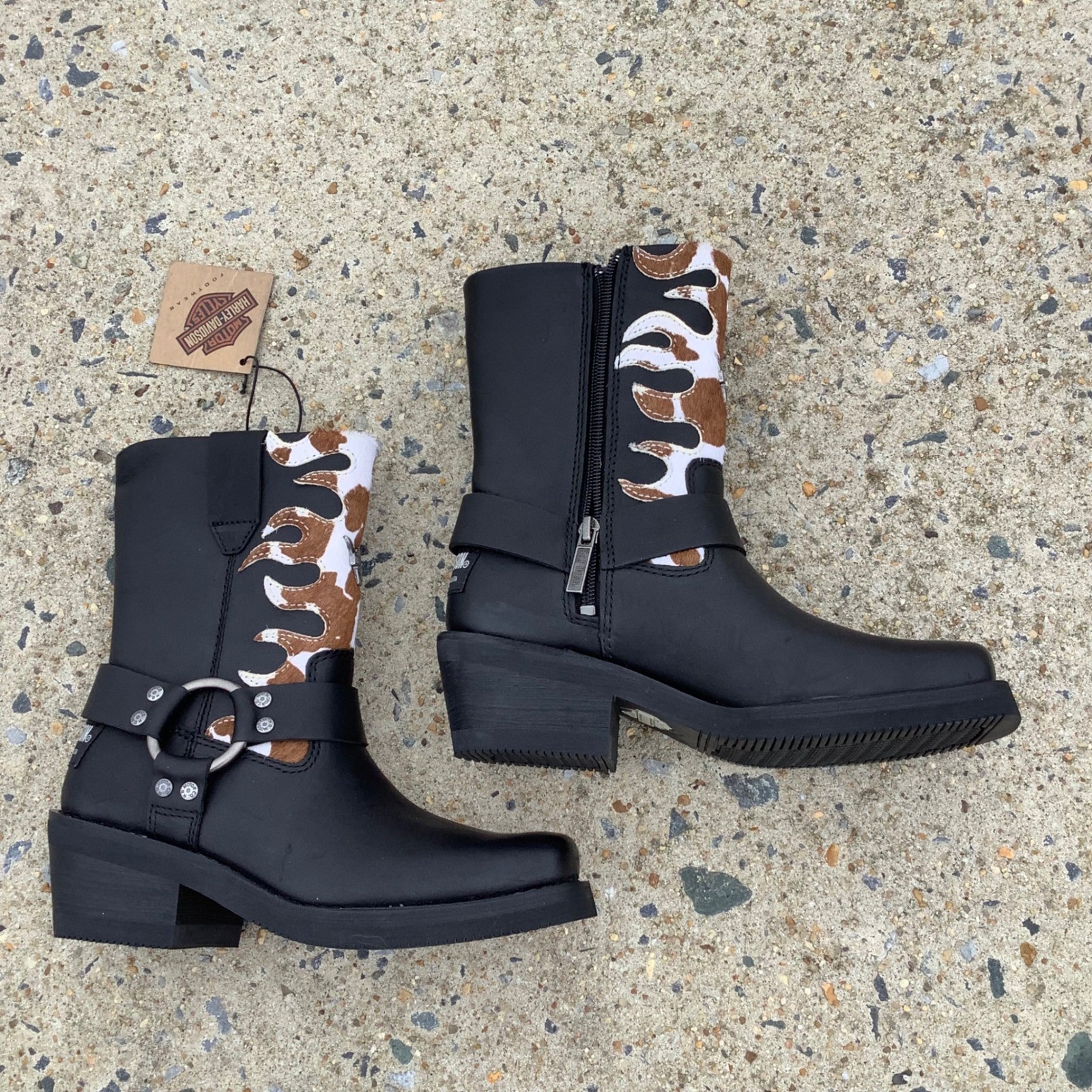 Harley Davidson Heritage Nostalgia Cow Print Flame Leather Boots D87274 Black 5M