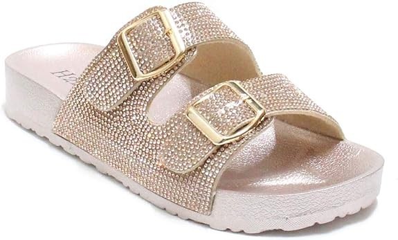 H2K Women’s Glitter Double Buckle Adjustable Slide Sandals, 7, 8, 9, 10, 11