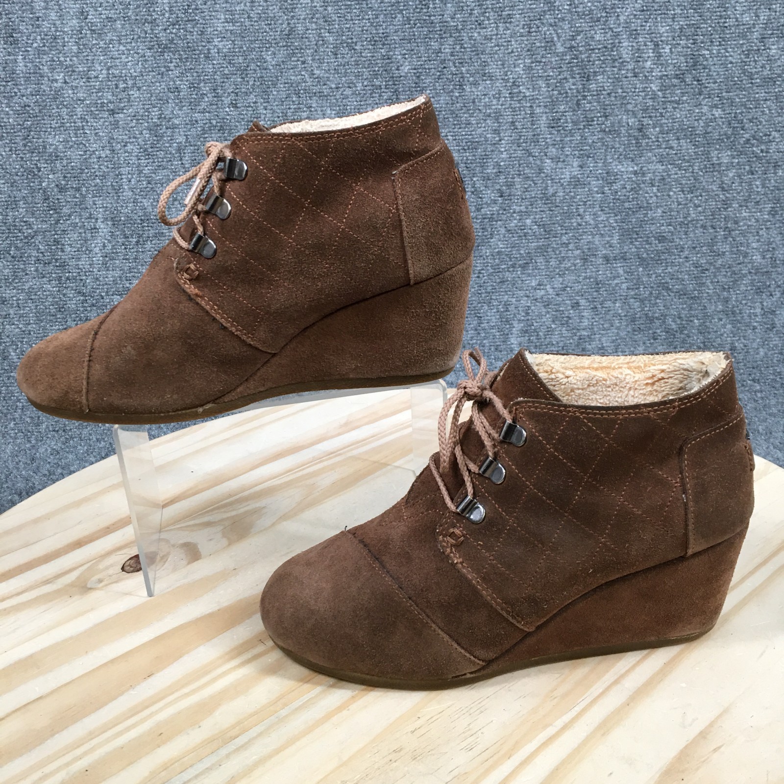 TOMS Desert Ankle Boots Womens 8.5 Wedge Casual Lace Up Faux Fur Leather Brown